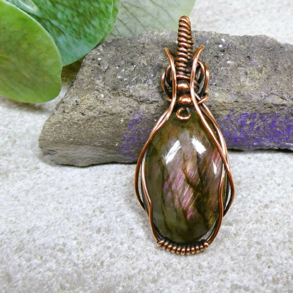 Pink orange Labradorite pendant copper wire wrapped