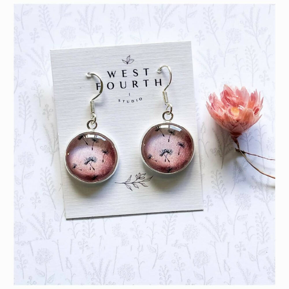 Pink Flower Earrings with a Dandelion Pattern