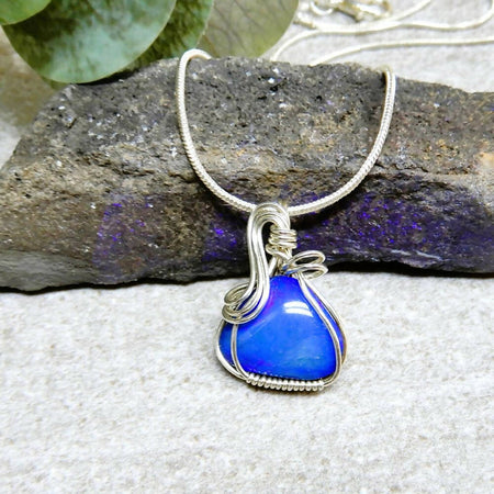 Blue Crystal Opal doublet pendant Sterling silver wire wrapped