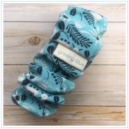 Beautiful Light Blue Scrunchie with Native Floral Patterns - Wide Elastic - 100% Cotton