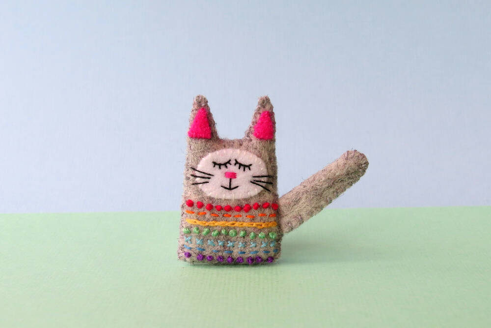 Cat Brooch - Wool Felt Embroidered Kitten Pin