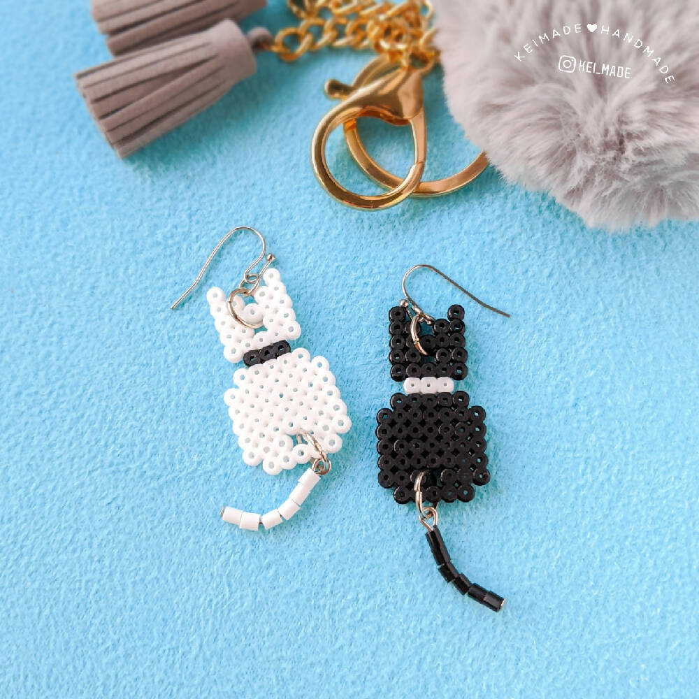 Black or White Cat Earrings with Dangly Tails - Cute animal & pet jewellery