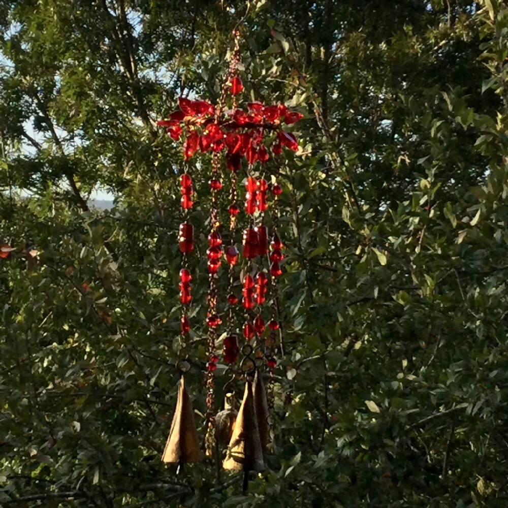 Windchimes Brass and Recycled Metal Bells, Dragonfly’s, Red Glass Beads
