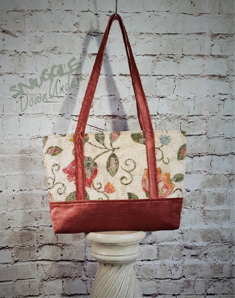 Tote Bag - Peach Velvet and Flower Brocade Tapestry