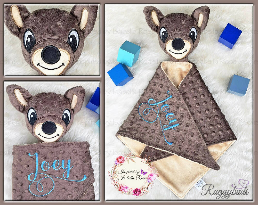 Baby comforter, Embroidered name, Kangaroo themed Ruggybud, Made to order