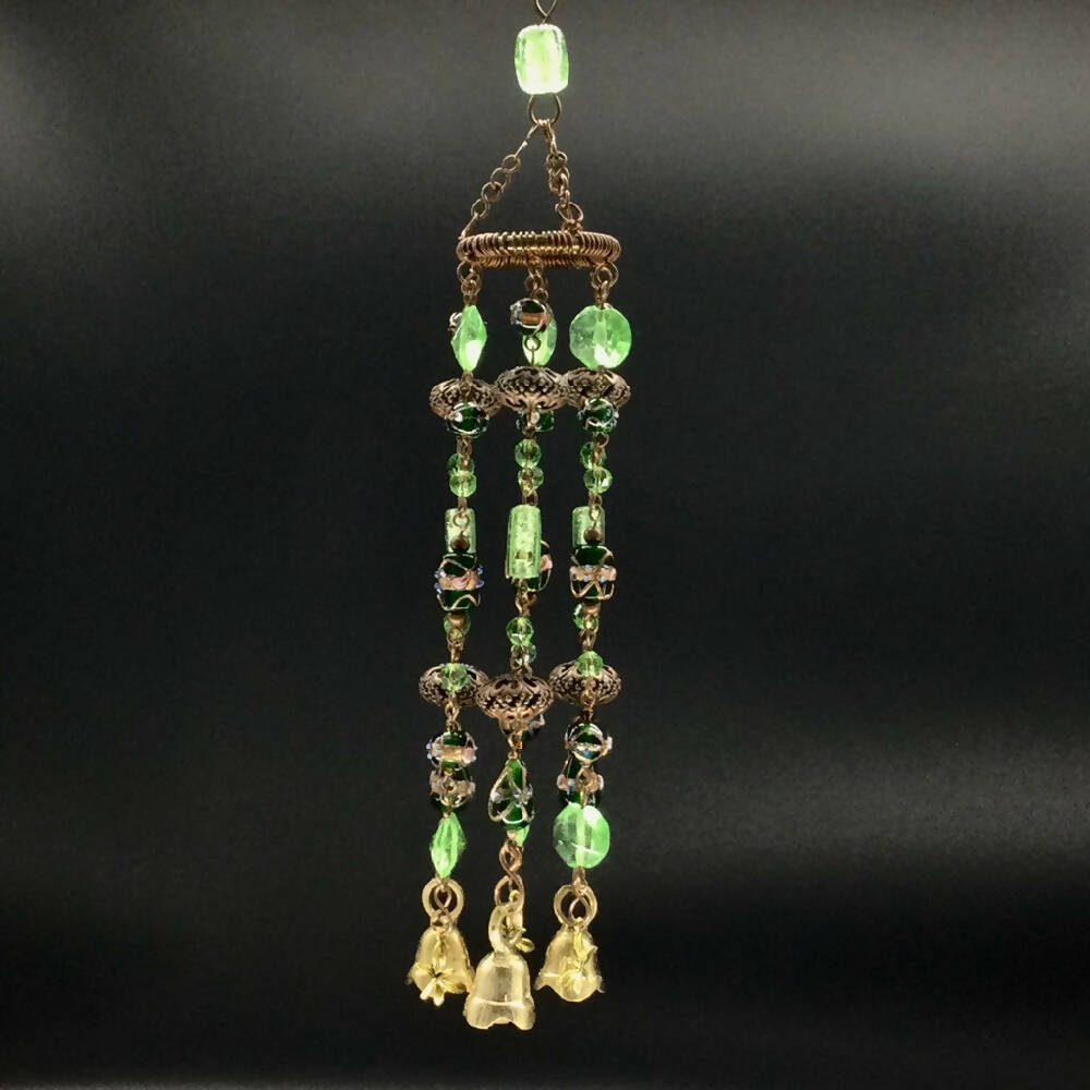 Windchimes Brass Bells, Dragonflies, Green Glass Beads Indoor/Outdoor Hanger