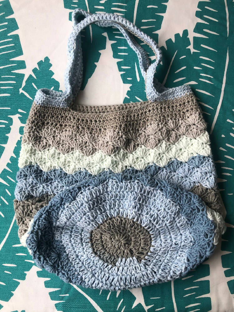Crochet Market Bag | Caron Cake Cotton (Blues & Browns) | Shell Stitch Bag