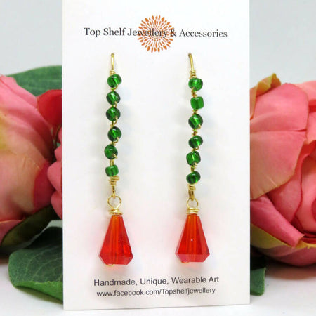 Fire Polished Green Red Christmas Wire Wrapped Earrings