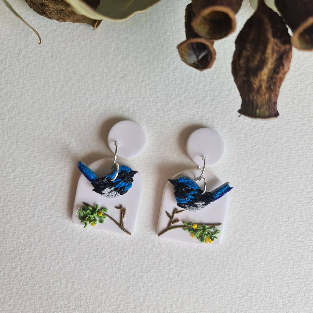 Blue Wrens in the Garden Dangle Earrings