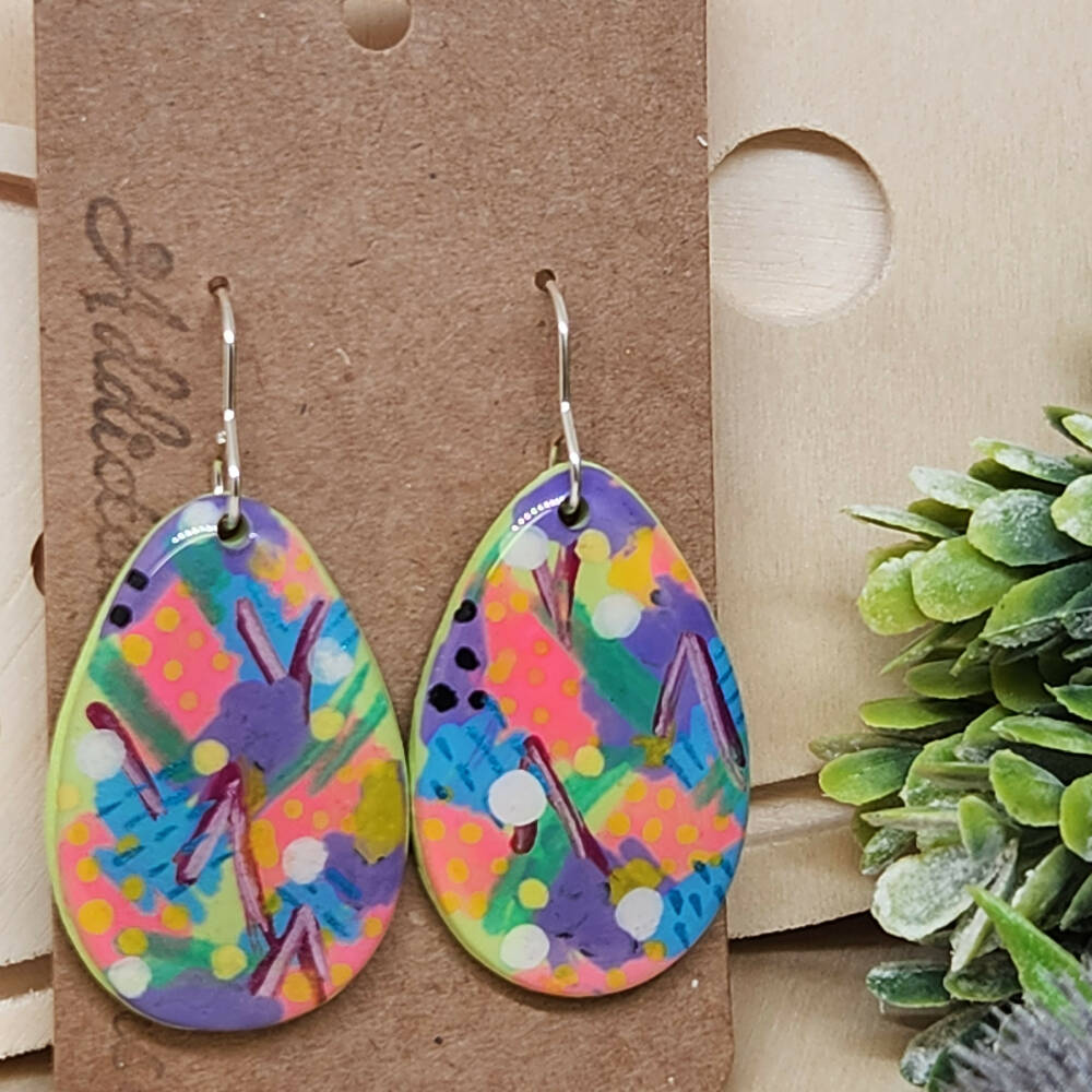 Dangle Earrings - Blushing Oval - Hand Painted Clay and Resin - Hook