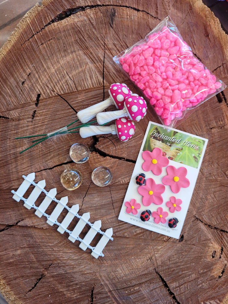 Bright Pink Fairy garden Mushrooms set with Ladybirds