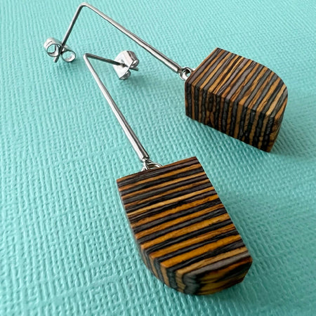 Unique Yellow and Grey Striped Wooden Earrings