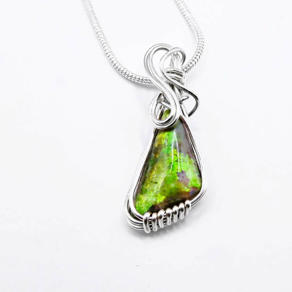 Andamooka Vivid green opal pendant Sterling silver wire wrapped