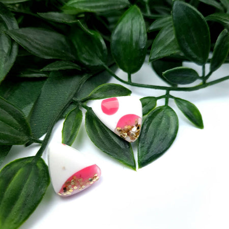 STUD Earrings - Marshmallow Tilly Triangle - White Pink Gold - Resin