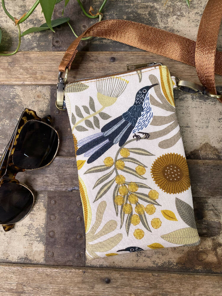 Mini & Small Crossbody Bag - Wattle Bird & Banksia/Tan Faux Leather