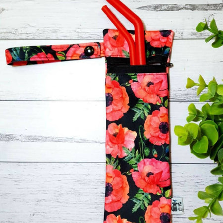 Reusable Waterproof Zip Bag, Cutlery/Straw - Poppies