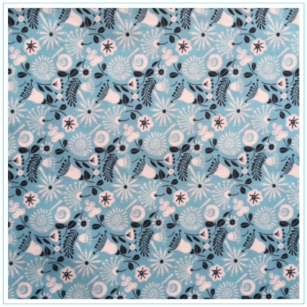 Beautiful Light Blue Scrunchie with Native Floral Patterns - Wide Elastic - 100% Cotton