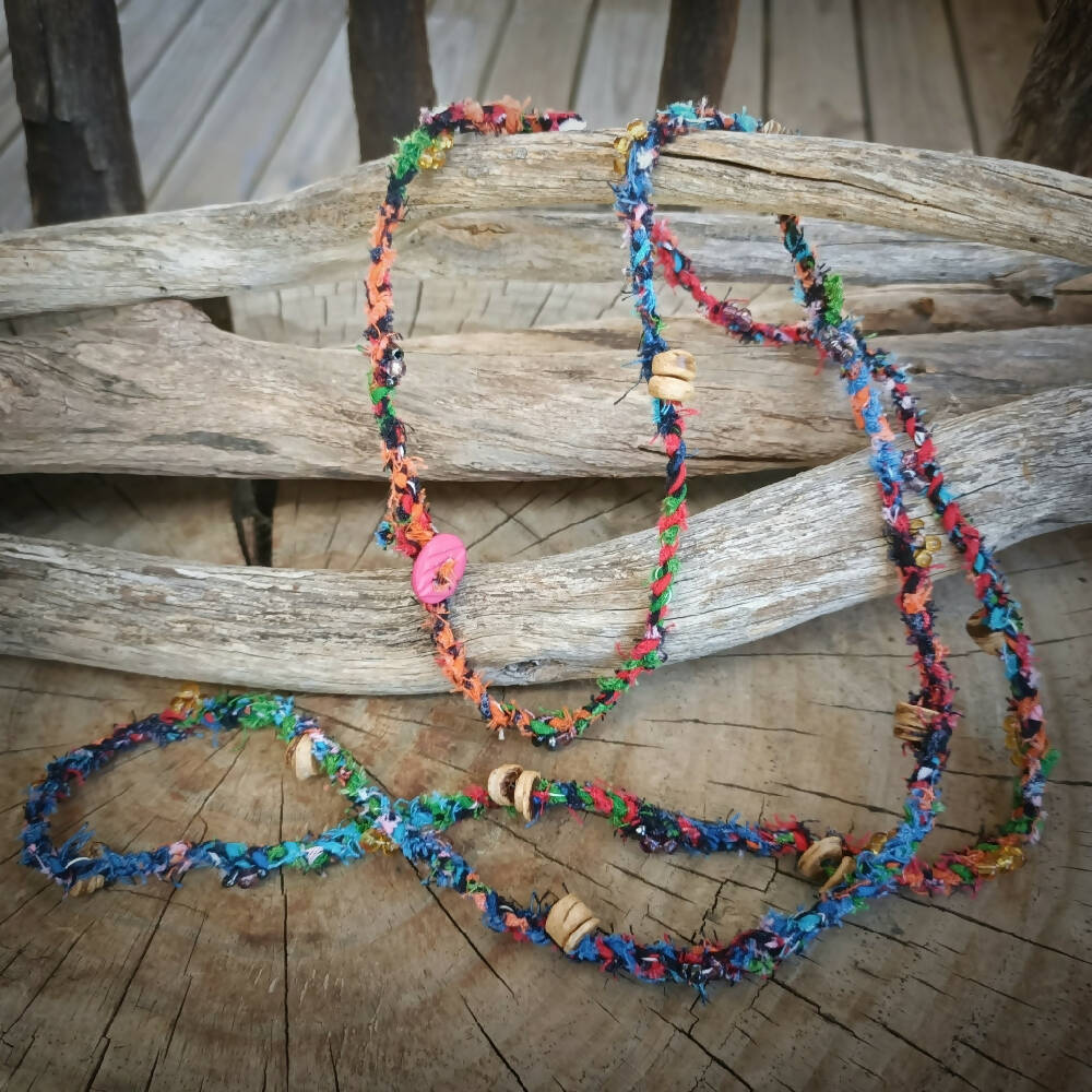 multicolour dark fabric necklace handmade full view -