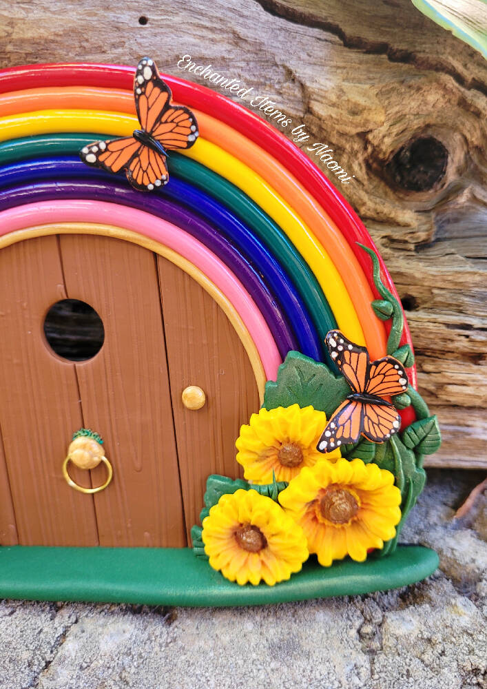 Sunflowers and Rainbow Fairy door with butterflies