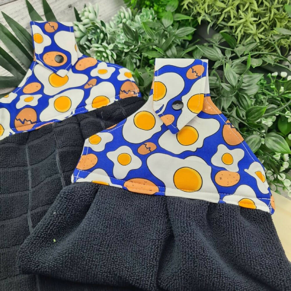 Hand Towel Fabric Colourful Button Kitchen Fried Eggs Blue Black Yolk (3)