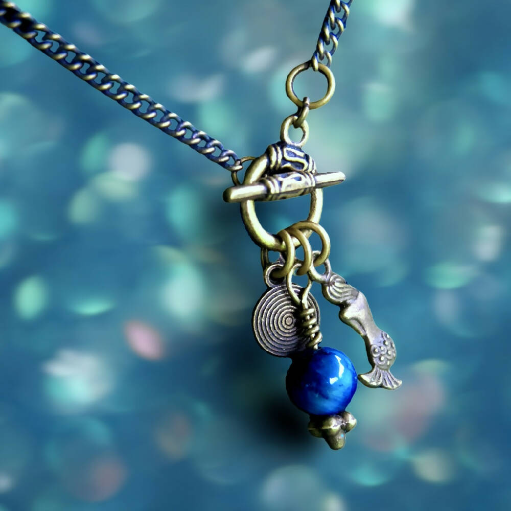Bronzed Siren - Charm Necklace - Antique Bronze - Hand-Wrapped Blue Tiger Eye - Chain - Toggle Clasp