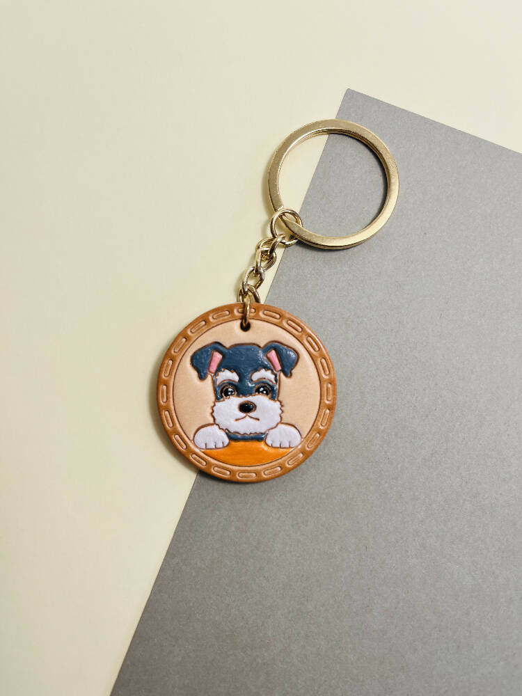 Schnauzer Dog Face Leather Key chain| hand-print | Acrylic