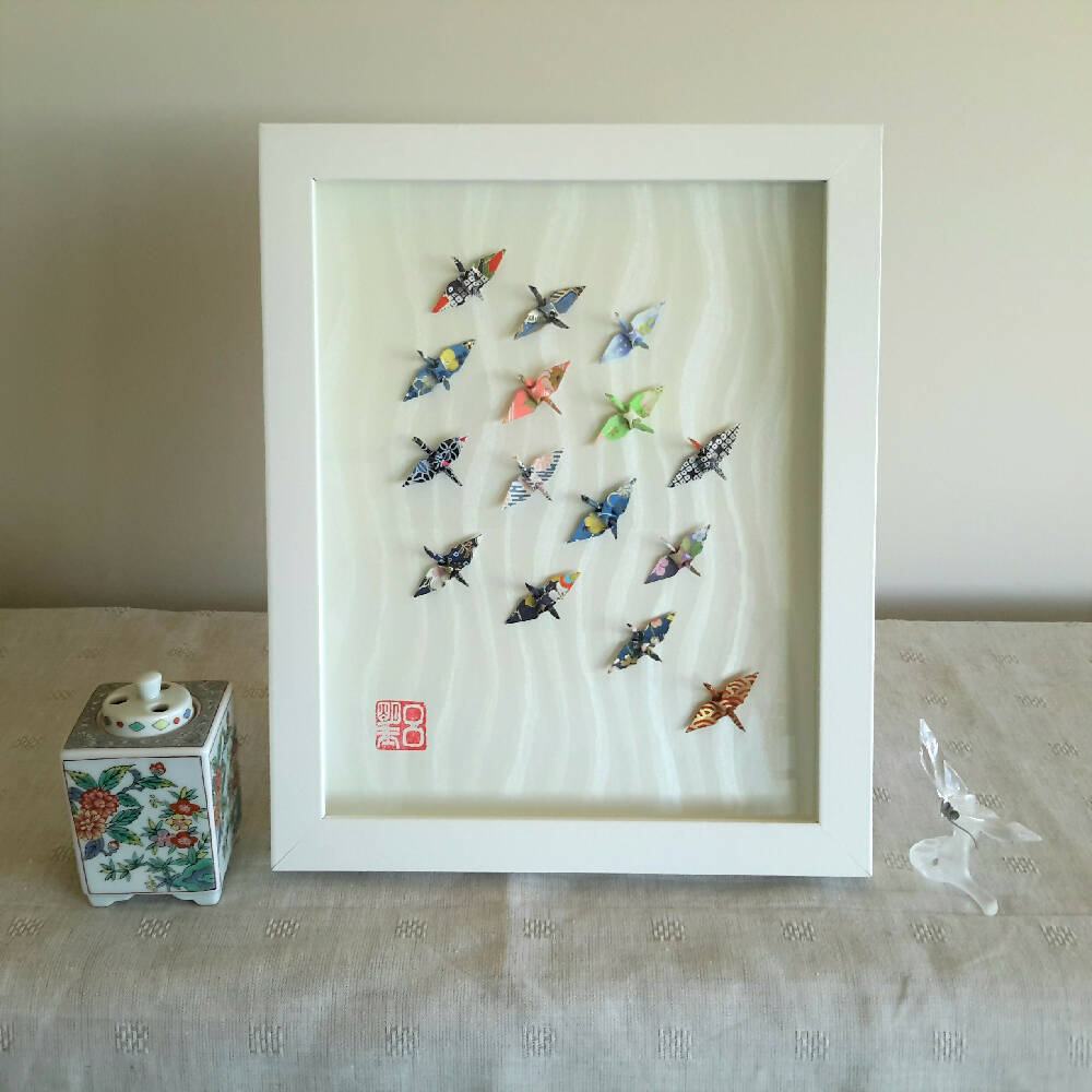 Framed Wish Upon a Wing - blue origami cranes selection for good luck