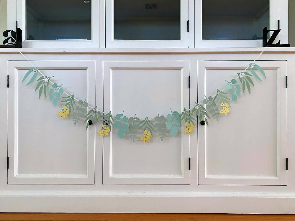 Gum leaf and wattle garland. Australian native flora banner.