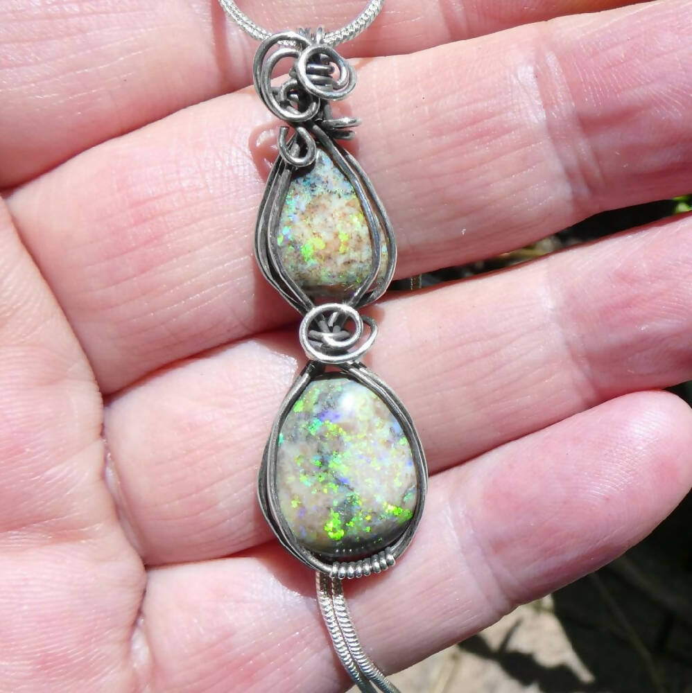 Two Andamooka opals pendant antiqued Sterling silver wire