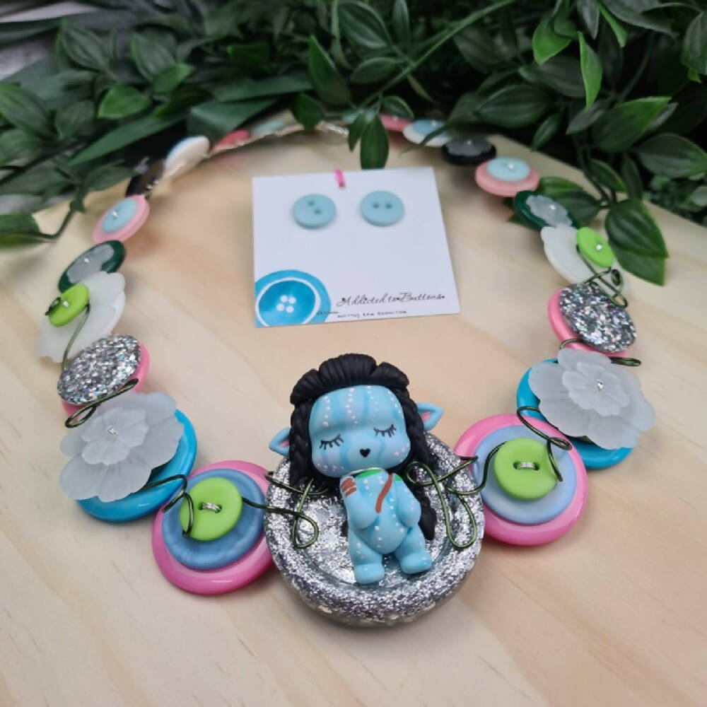 Button Necklace Blue Alien Button Jewellery and Earrings