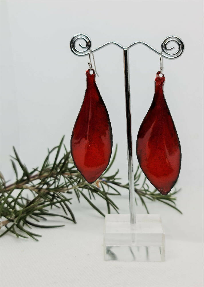 Enamel Earrings - Leaves Red Large