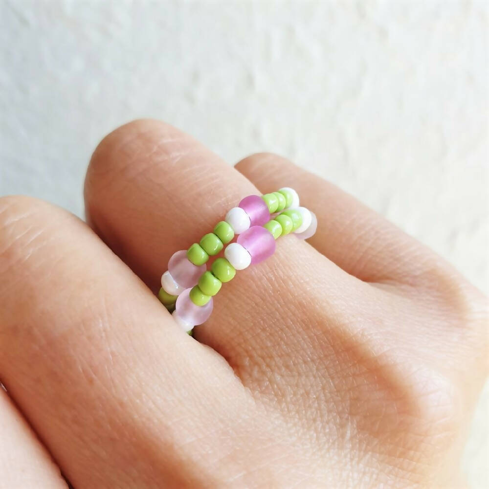 Colourful floral colour seed bead 2 line memory wire ring
