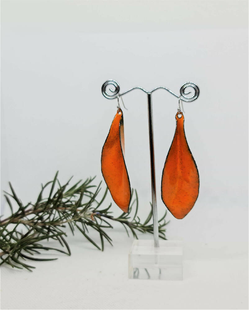 Enamel Earrings - Leaves Orange Large