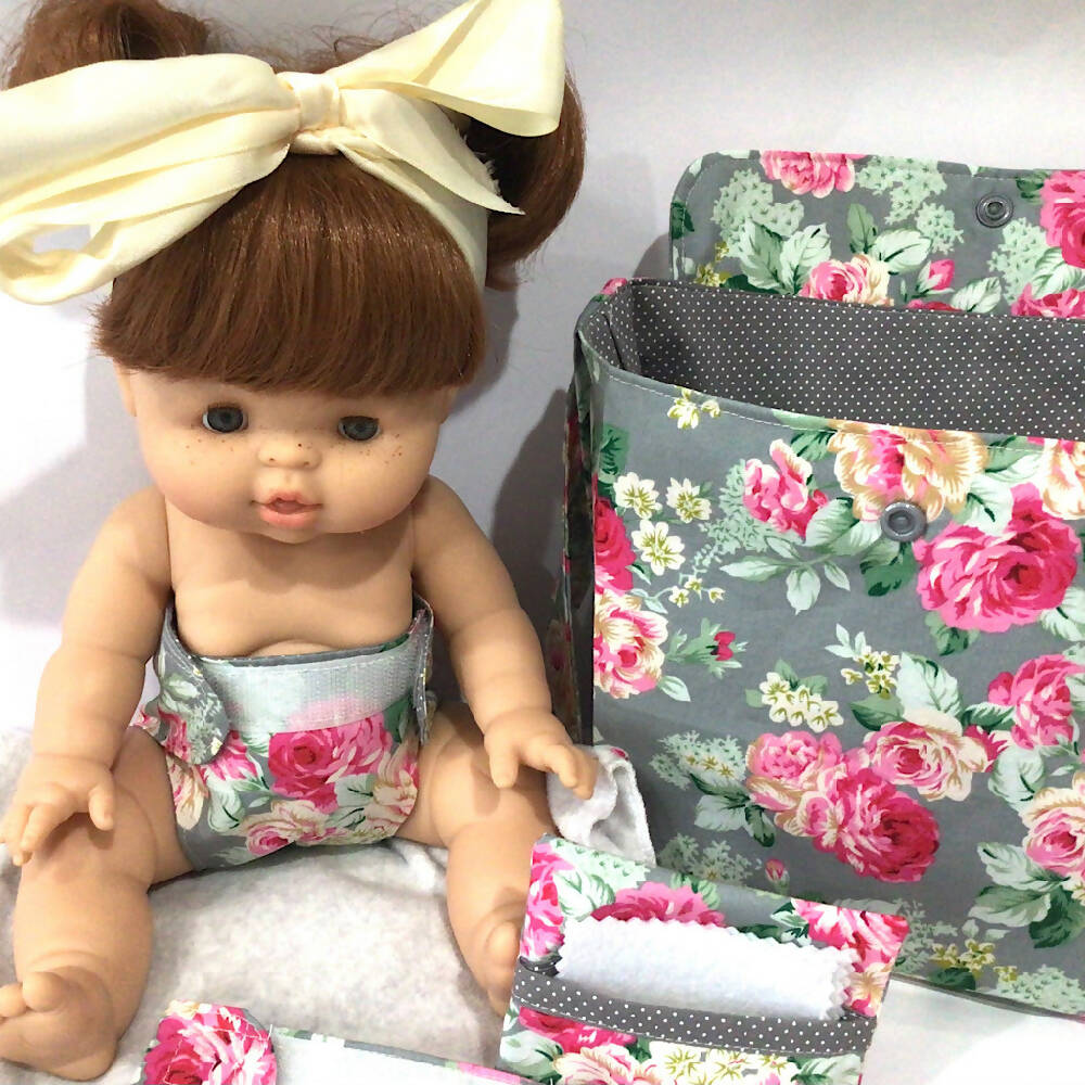 Nappy Bag #2 and accessories for Baby Doll - grey floral, spot