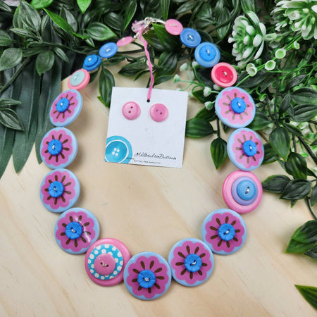 Pink Blue Proud Poppy - Button Necklace - Earrings