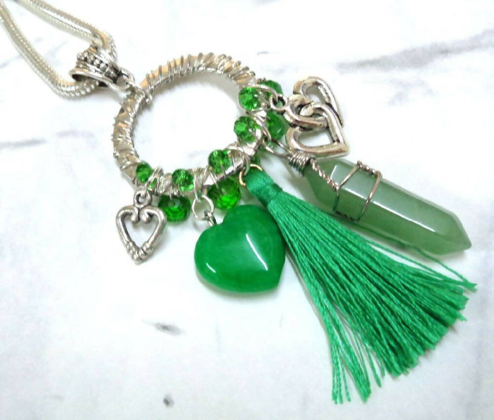 Boho Wire Wrapped Necklace - Green and Silver - Ladies Jewellery