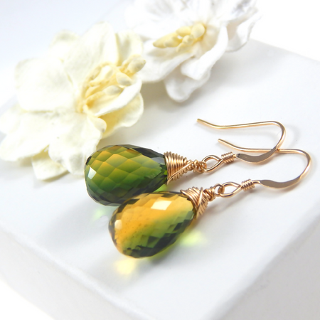 Bi Color Yellow and Green Quartz Earrings Gold Filled