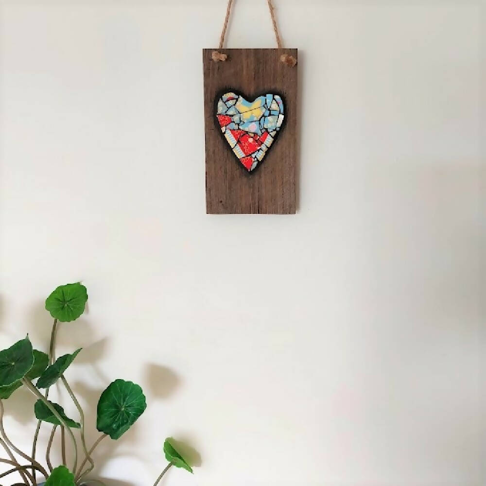 Broken china mosaic heart wall hanging, red & yellow butterfly mosaic on timber