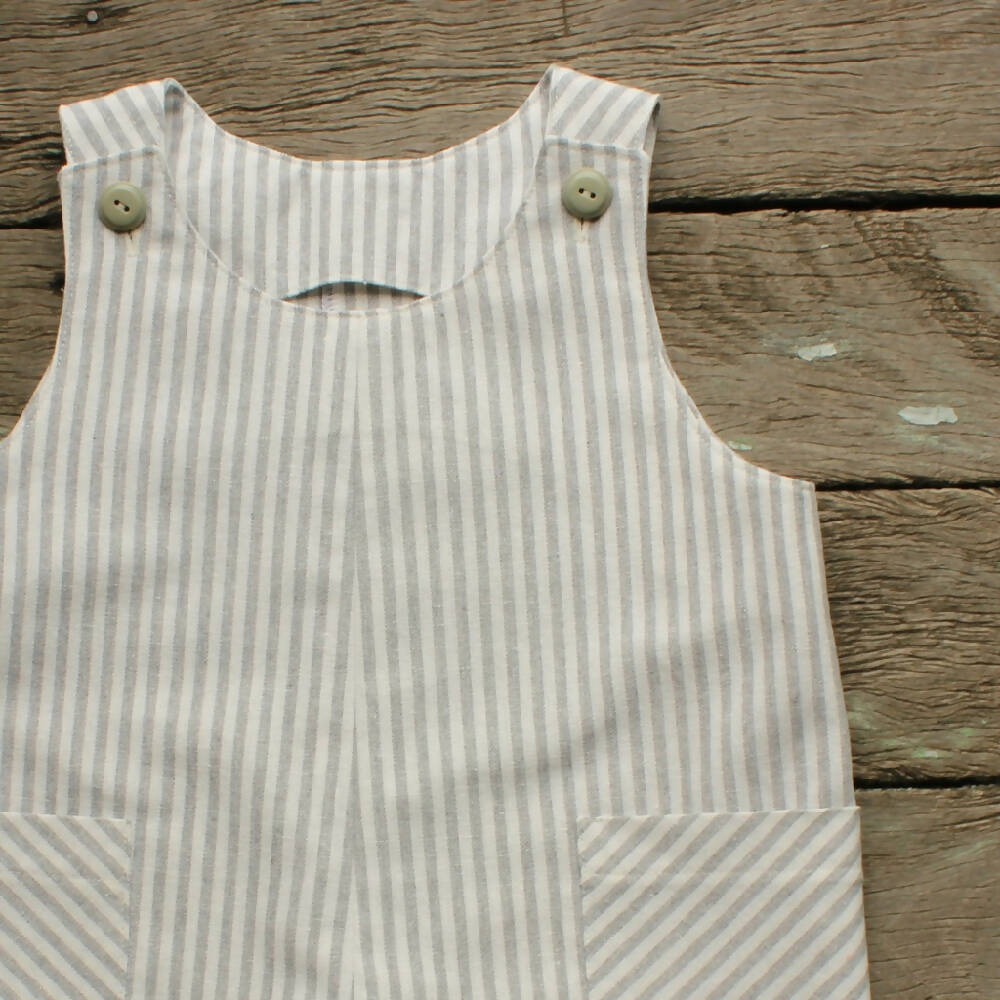 Toddler Romper - Size 1 - Grey Stripe Linen