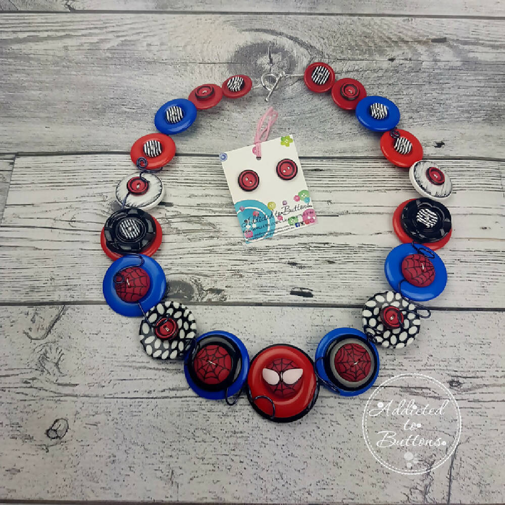 Button Necklace Superhero Spider guy Jewellery Earrings and Necklace
