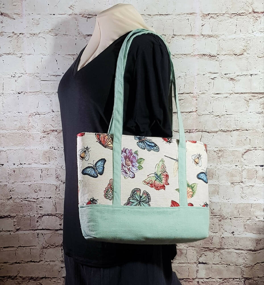 Bugs & Flowers Tapestry Tote Bag - Butterfly, Dragonfly, Ladybug, Bee, Flowers