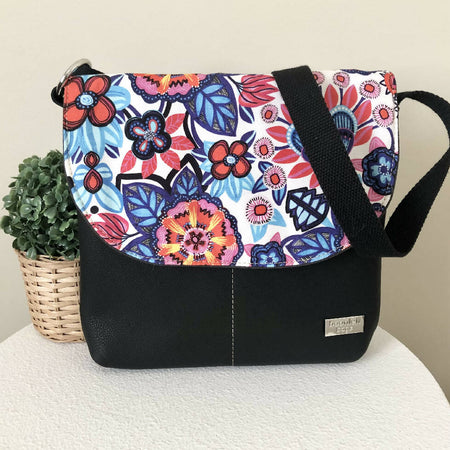 Canvas and Genuine Leather Crossbody Bag with Firework Flora