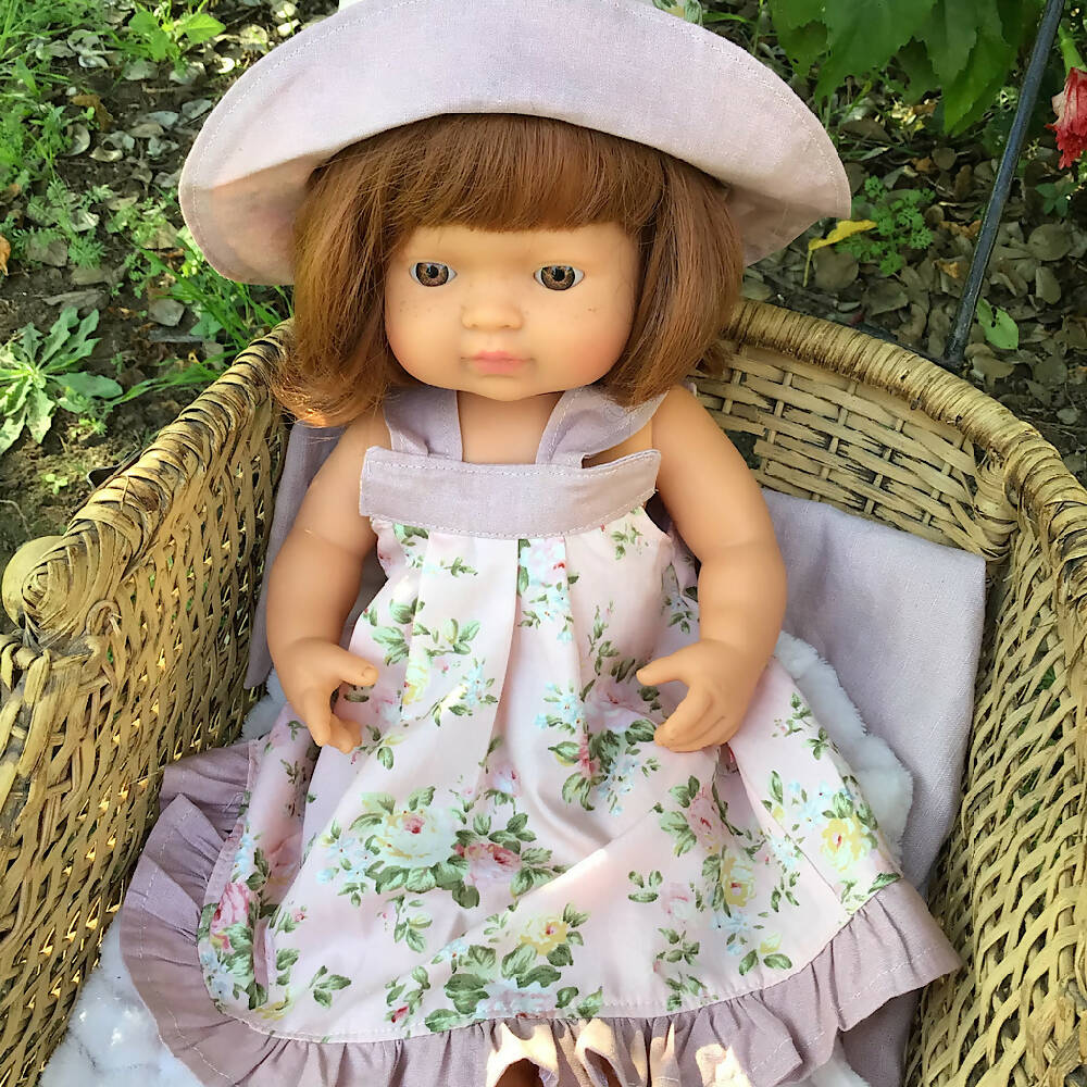 34-43cm dolls Sundress and Sunhat - Dusty pink
