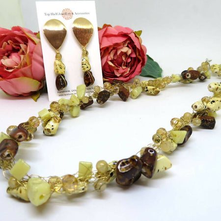 Brown Cream Amber Crochet Wire Beaded Necklace Earrings Set