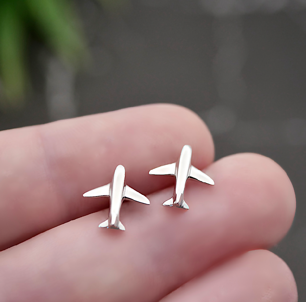 Tiny Plane Studs - Handmade Sterling Silver Aeroplane Earrings
