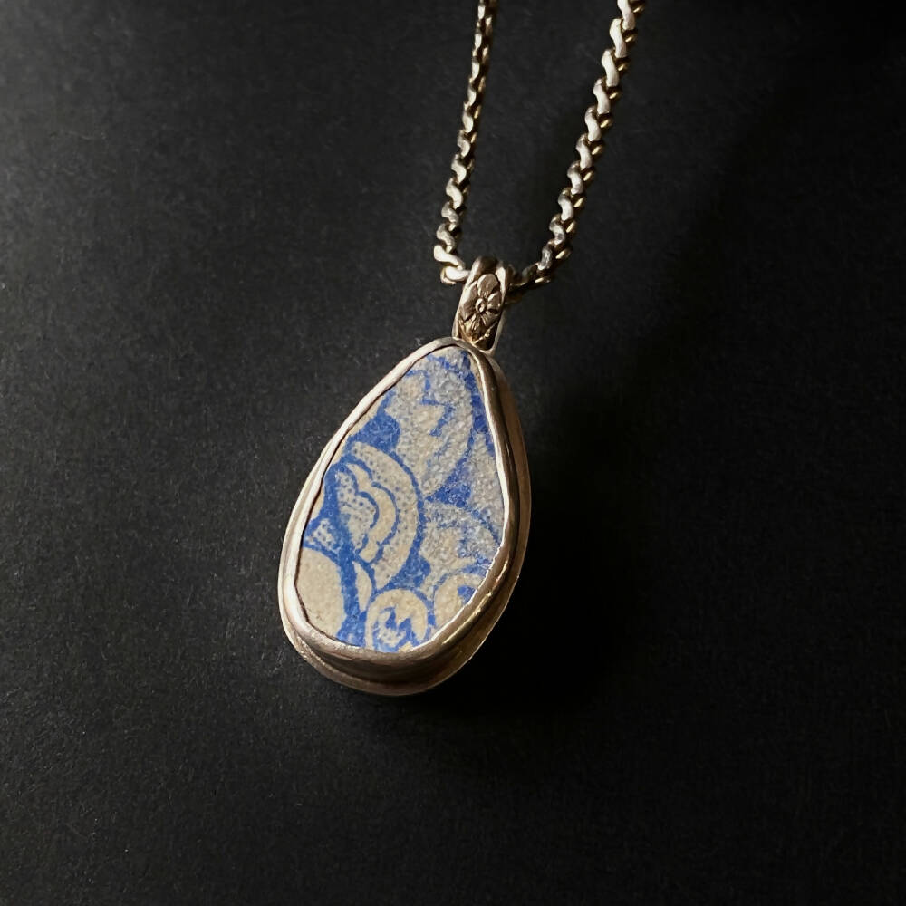 Sterling Silver Sea Pottery Bezel Set Pendant - Blue Mermaid Waves D