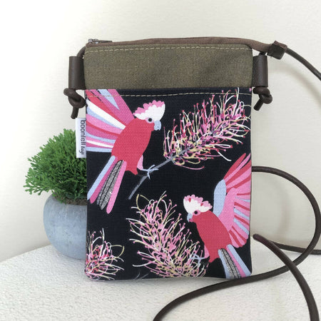 Cross Body Phone Sling Bag in Green Canvas with Pink Cockatoo