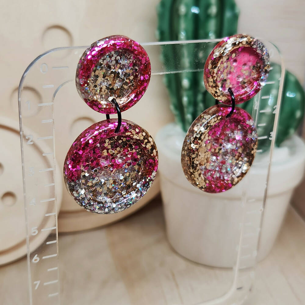 Dangle Earrings- Billie Button Bold Pink - Resin - Stud Top