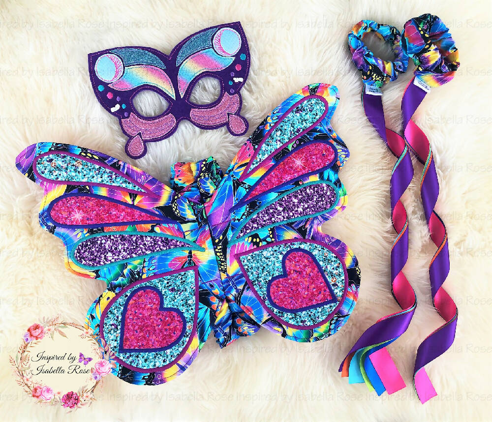 Butterfly fabric wings, Embroidered Mask, Dancing ribbons, Made to order