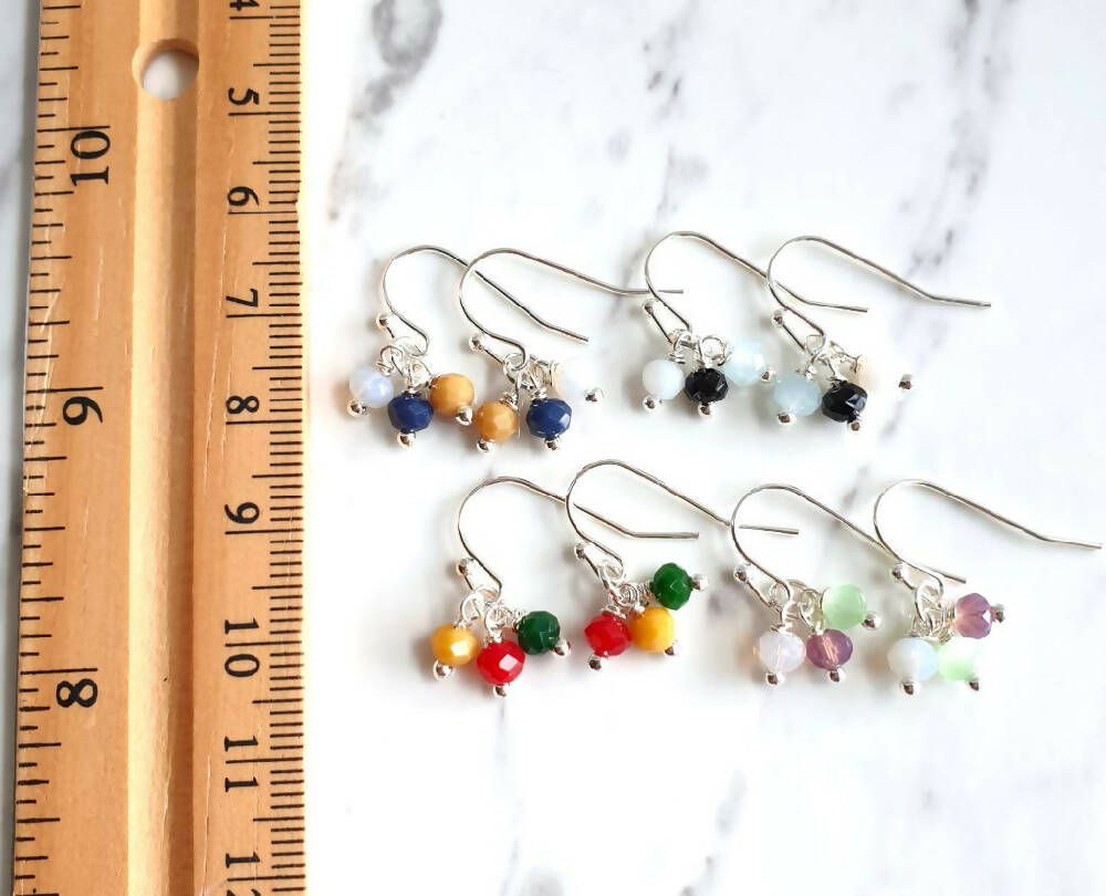 Small 3 mixed colour Cut glass bead drop earrings / Art deco Modern style